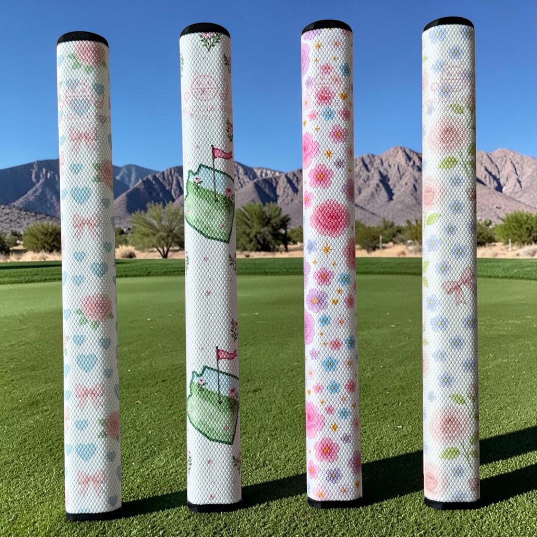 Snuggle Bug Golf Arizona Bloom putter grips featuring floral and western patterns on a golf course background.