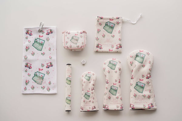Snuggle Bug Golf Arizona Bloom 8-piece golf accessory bundle with floral desert-themed headcovers, towel, and grip.