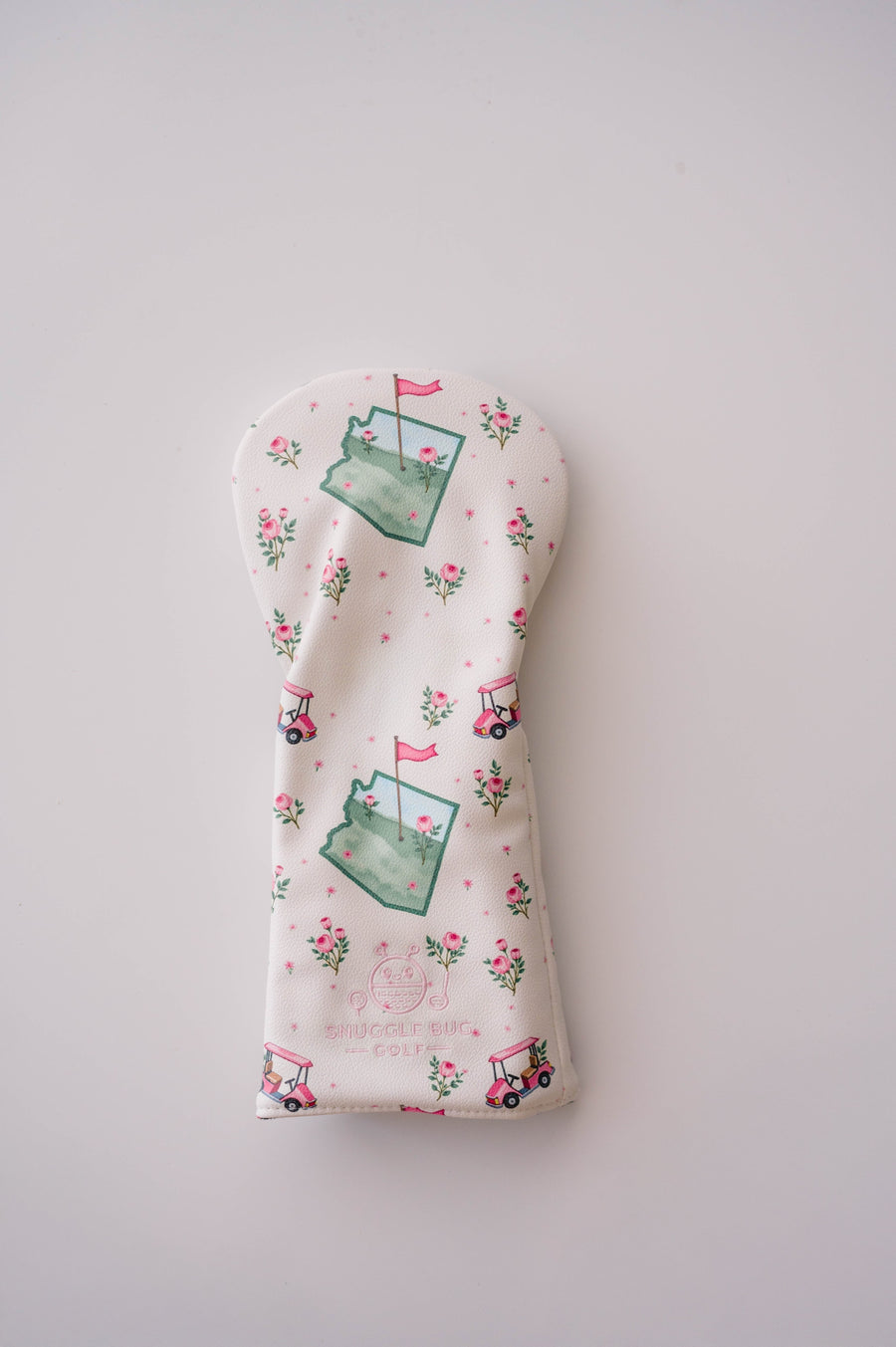 Snuggle Bug Golf Arizona Bloom driver headcover in white eco-leather with pink golf carts, roses, and state map print.