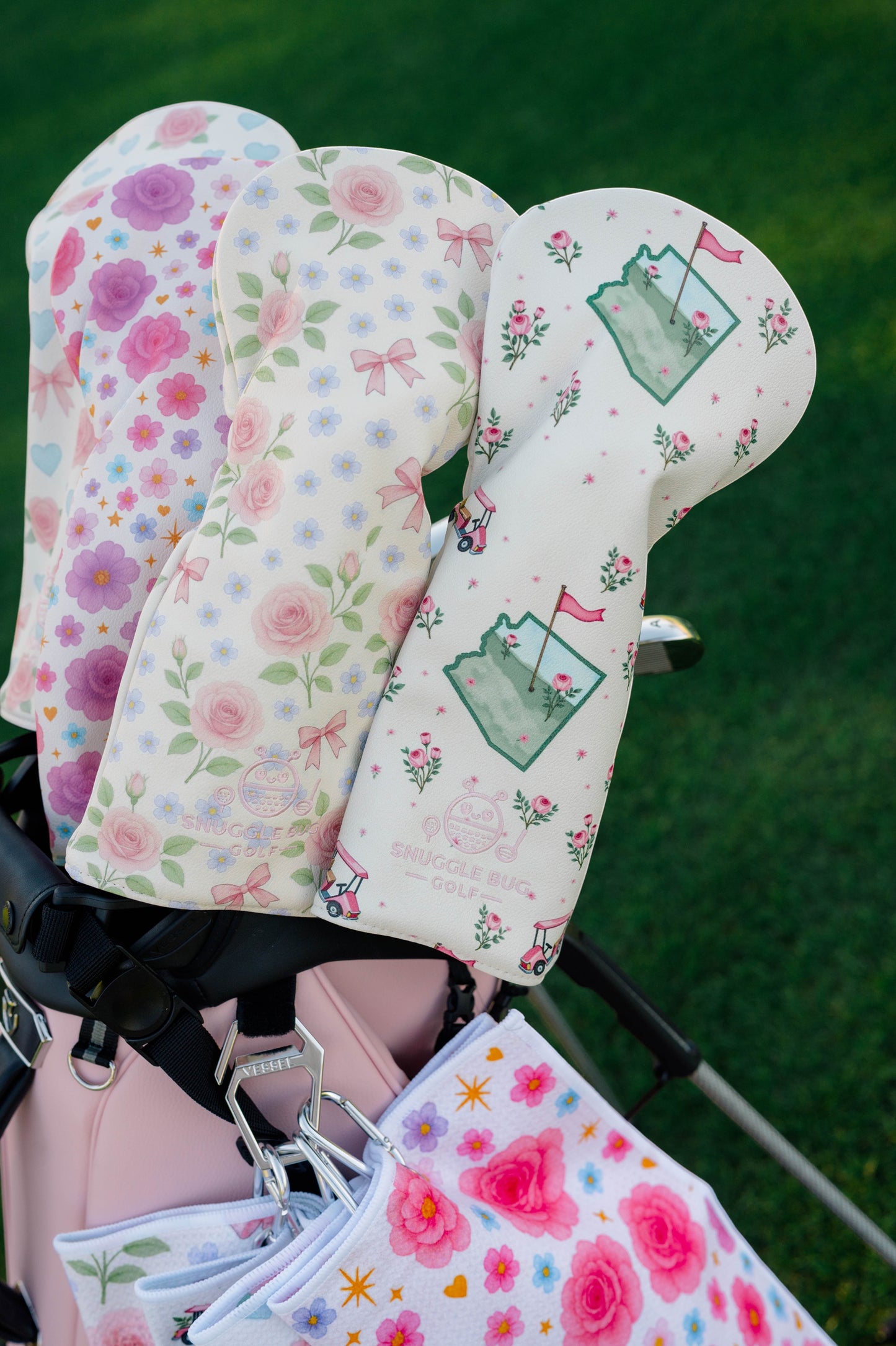 Snuggle Bug Golf Arizona Bloom driver headcover featuring pink roses, golf carts, and state map on eco-leather.