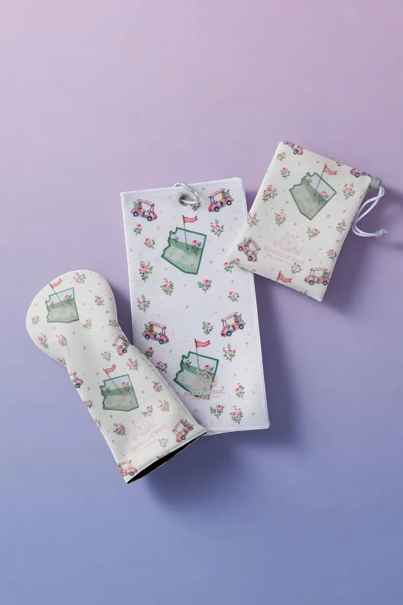 Snuggle Bug Golf Arizona Bloom collection golf headcover, towel, and pouch with desert floral and cart print.