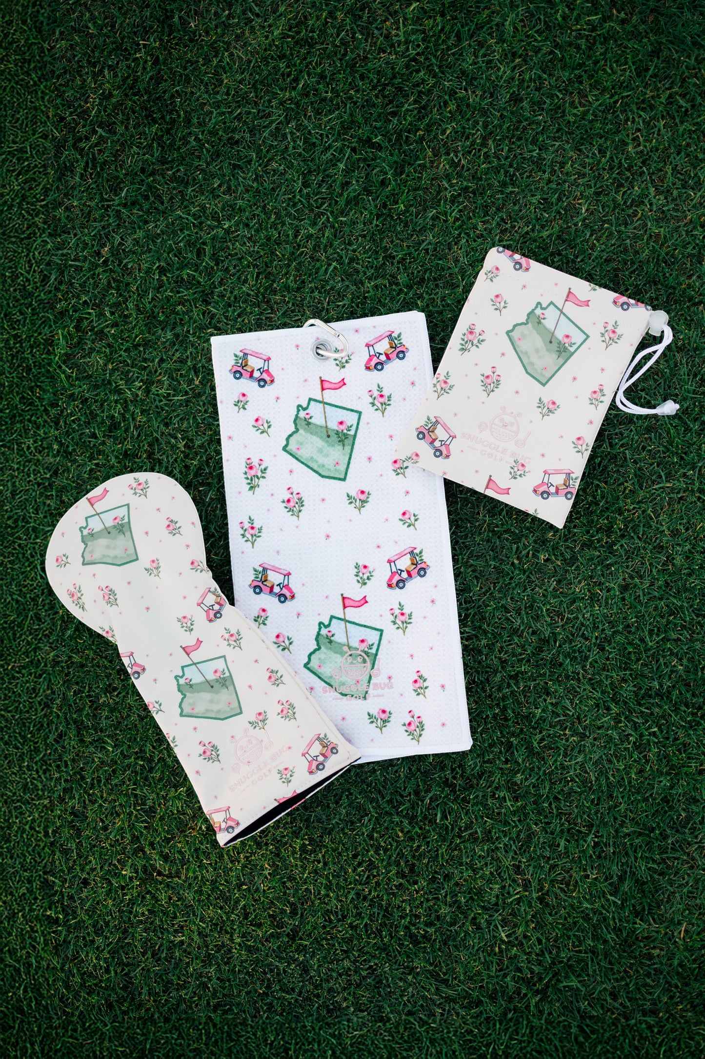 Snuggle Bug Golf Arizona Bloom driver headcover, towel, and pouch set with pink golf carts and roses on white eco-leather