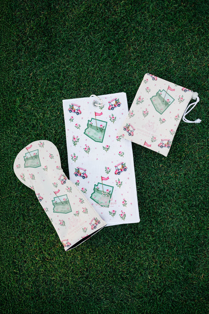 Snuggle Bug Golf Arizona Bloom driver headcover, towel, and pouch set with pink golf carts and roses on white eco-leather