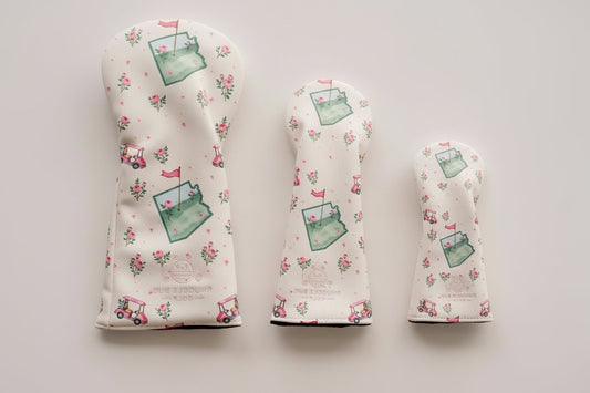 Snuggle Bug Golf Arizona Bloom 3-piece headcover set with desert floral and golf cart print on white fabric