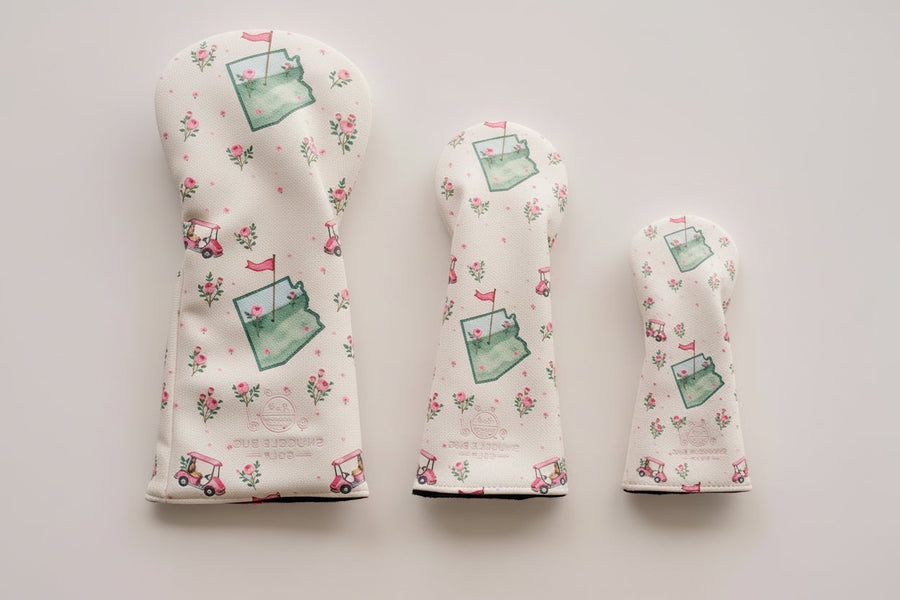 Snuggle Bug Golf Arizona Bloom 3-piece headcover set with desert floral and golf cart print on white fabric