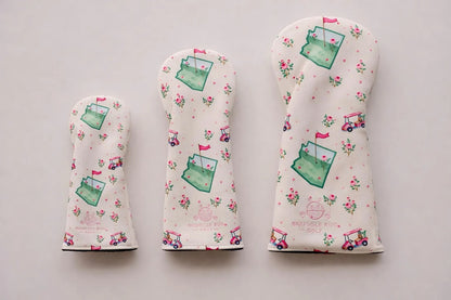 Snuggle Bug Golf Arizona Bloom floral golf club headcover set with desert map and golf cart print on cream fabric.