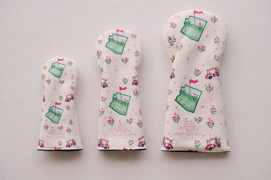 Snuggle Bug Golf Arizona Bloom floral golf club headcover set with desert map and golf cart print on cream fabric.
