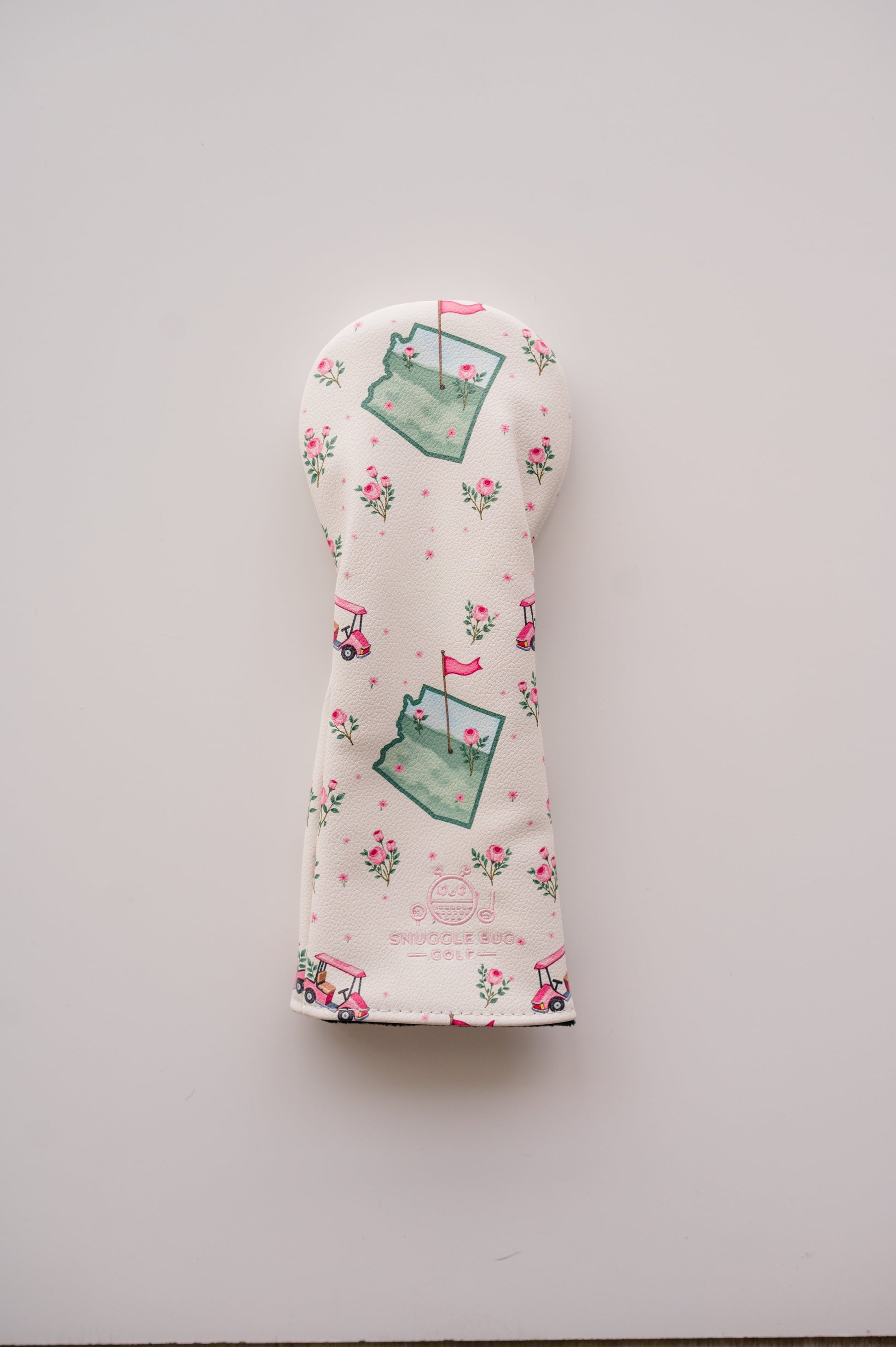 Snuggle Bug Golf Arizona Bloom fairway headcover in cream eco-leather with pink floral and desert golf cart print.