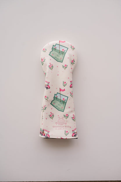 Snuggle Bug Golf Arizona Bloom fairway headcover in cream eco-leather with pink floral and desert golf cart print.