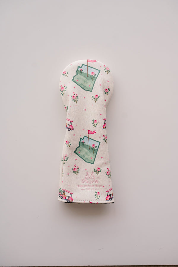 Snuggle Bug Golf Arizona Bloom fairway headcover in cream eco-leather with pink floral and desert golf cart print.