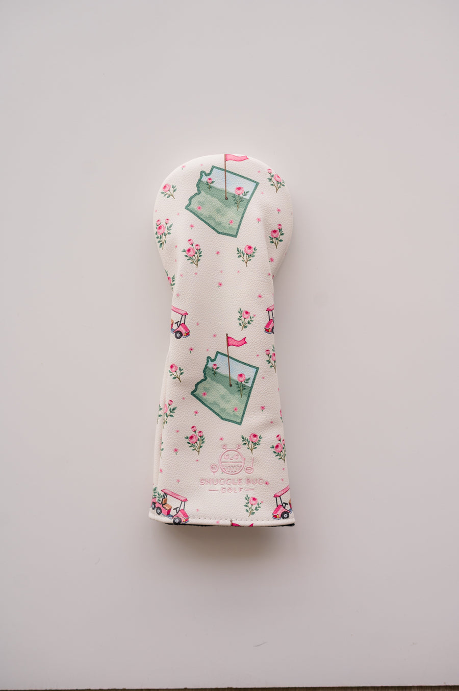 Snuggle Bug Golf Arizona Bloom fairway headcover in cream eco-leather with pink floral and desert golf cart print.