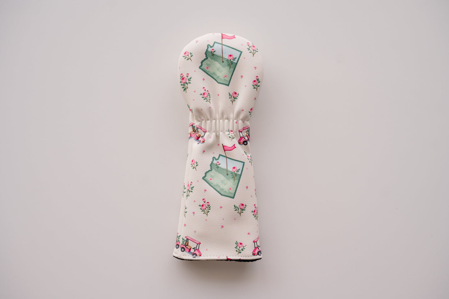 Snuggle Bug Golf Arizona Bloom fairway headcover in cream textured eco-leather with desert rose and golf cart print.