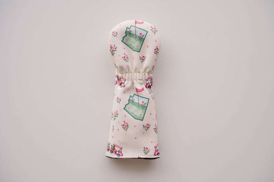 Snuggle Bug Golf Arizona Bloom fairway headcover in cream textured eco-leather with desert rose and golf cart print.