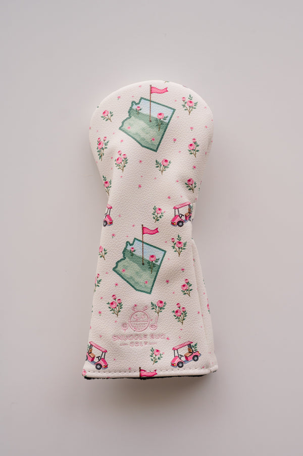 Snuggle Bug Golf Arizona Bloom hybrid headcover in cream eco-leather with pink desert rose and golf cart print.