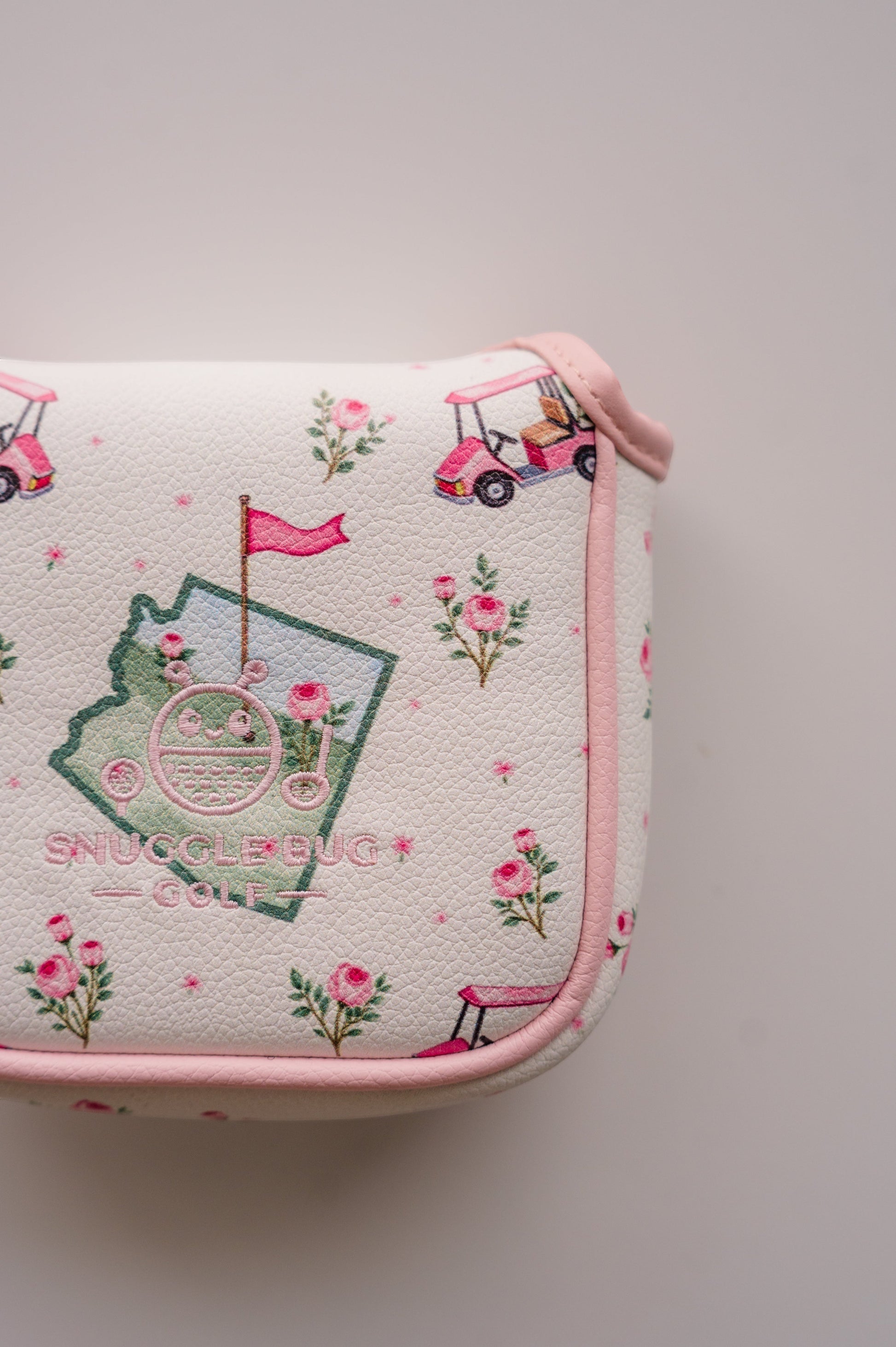 Snuggle Bug Golf Arizona Bloom mallet putter headcover in white eco-leather with pink golf cart and rose print.