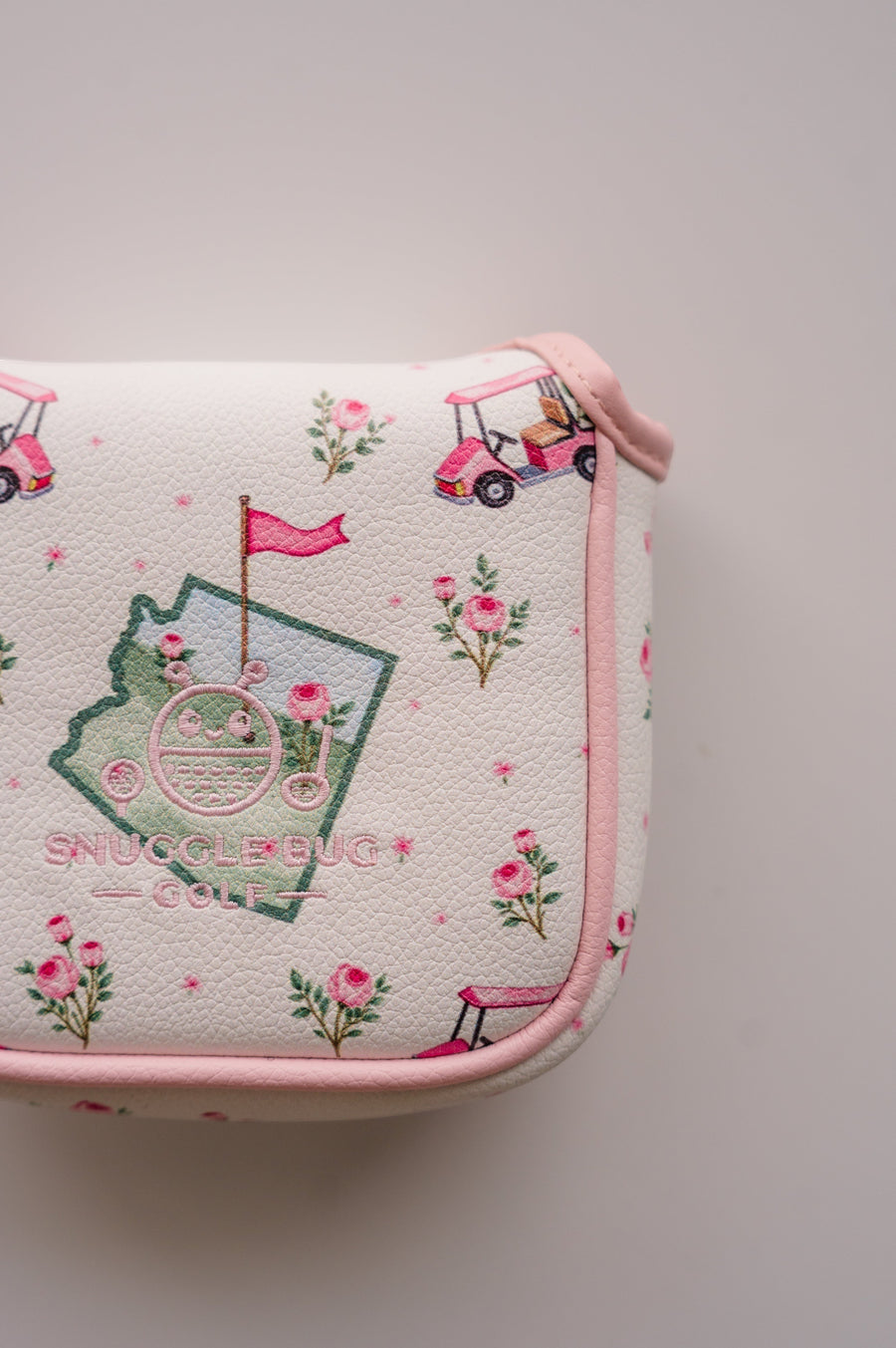 Snuggle Bug Golf Arizona Bloom mallet putter headcover in white eco-leather with pink golf cart and rose print.