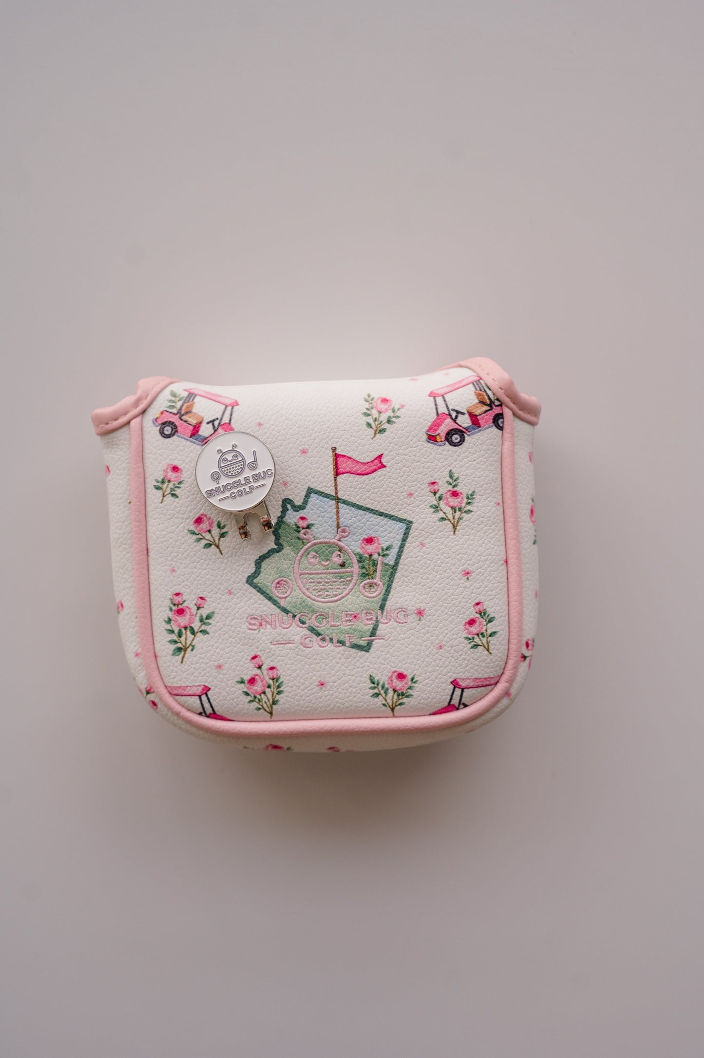 Snuggle Bug Golf Arizona Bloom mallet putter headcover in white eco-leather with pink floral and golf cart print.