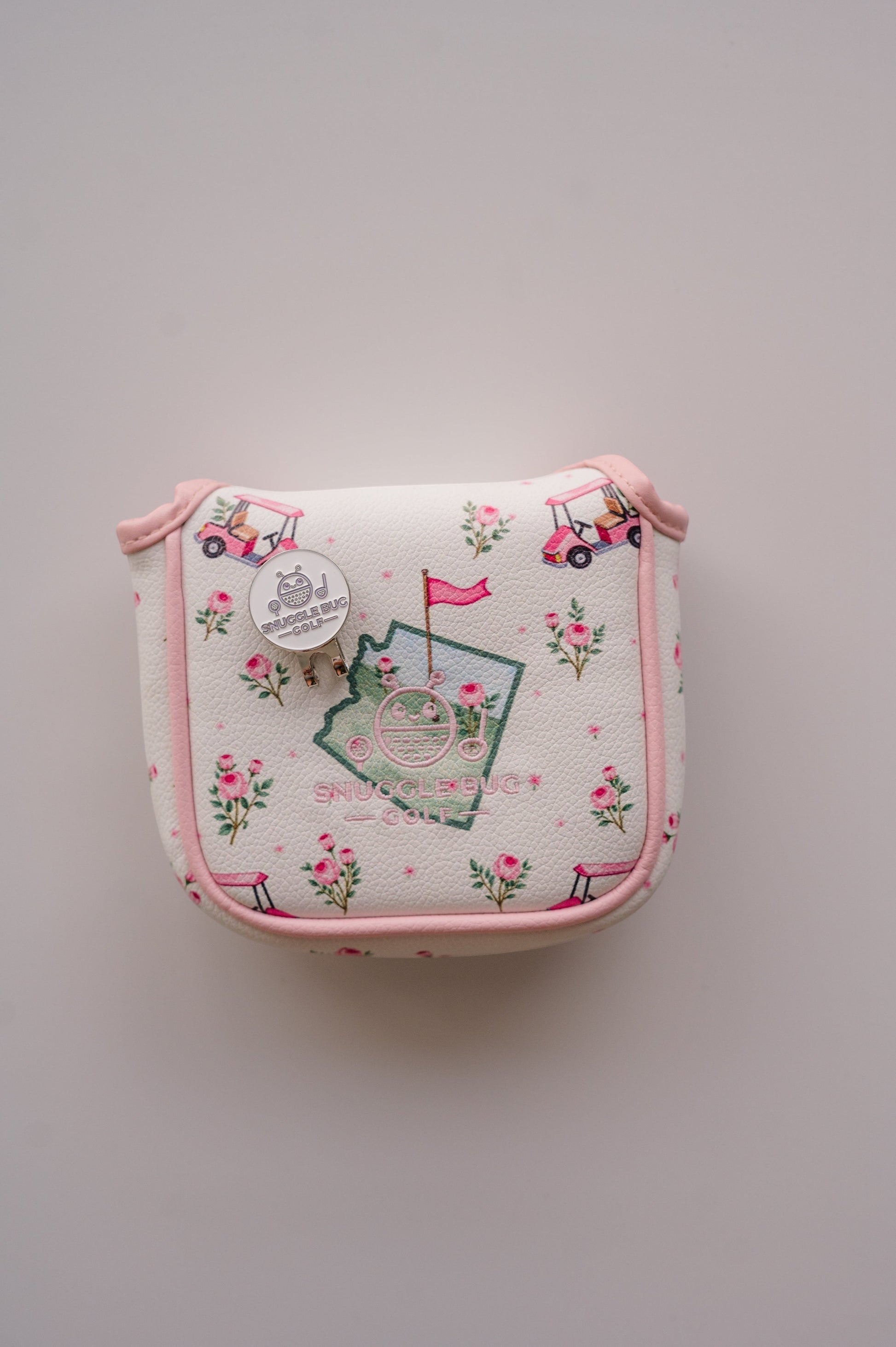 Snuggle Bug Golf Arizona Bloom mallet putter headcover in white eco-leather with pink floral and golf cart print.
