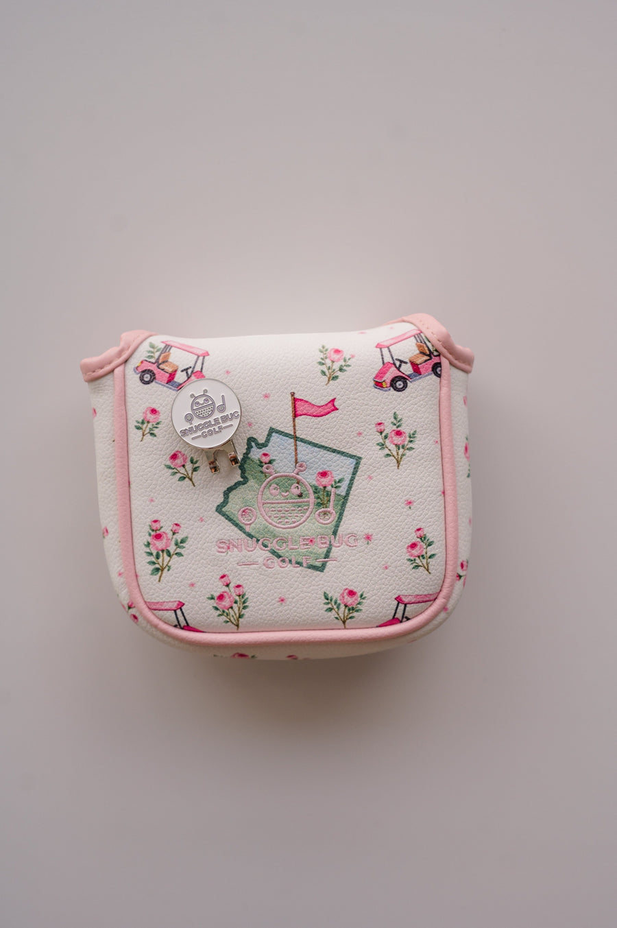 Snuggle Bug Golf Arizona Bloom mallet putter headcover in white eco-leather with pink floral and golf cart print.