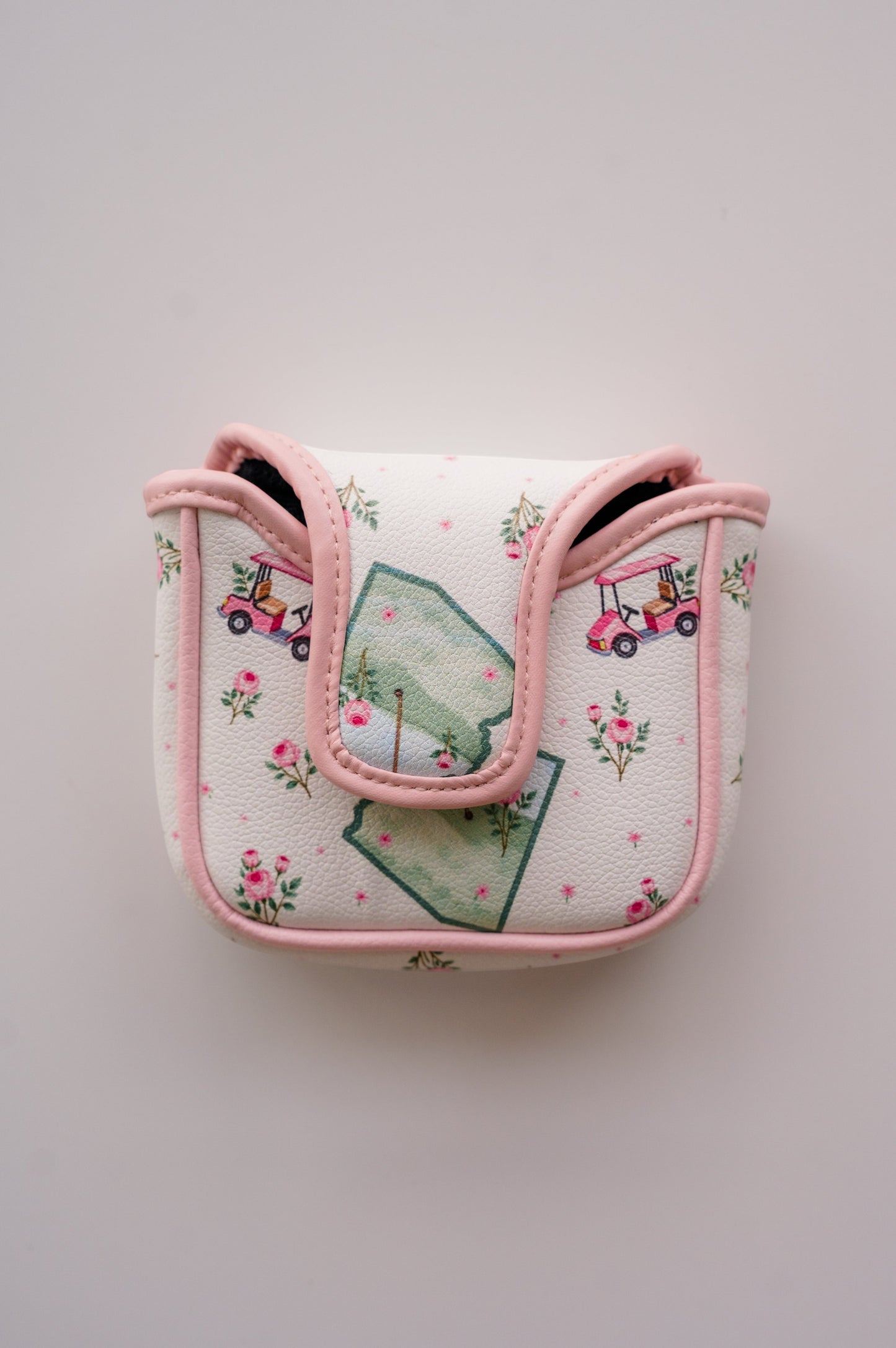 Snuggle Bug Golf Arizona Bloom mallet putter headcover in white eco-leather with pink golf cart and rose print.