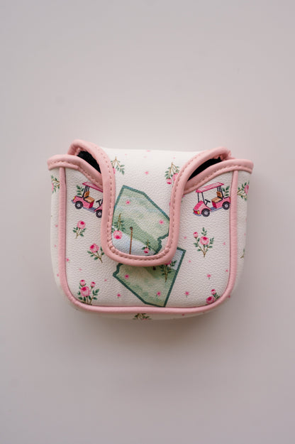 Snuggle Bug Golf Arizona Bloom mallet putter headcover in white eco-leather with pink golf cart and rose print.
