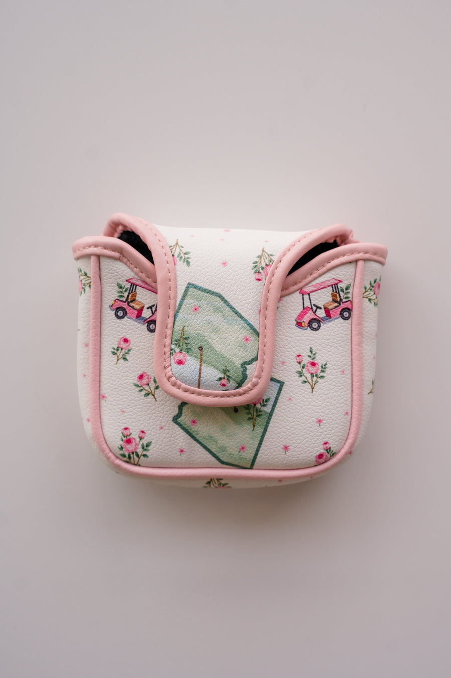 Snuggle Bug Golf Arizona Bloom mallet putter headcover in white eco-leather with pink golf cart and rose print.