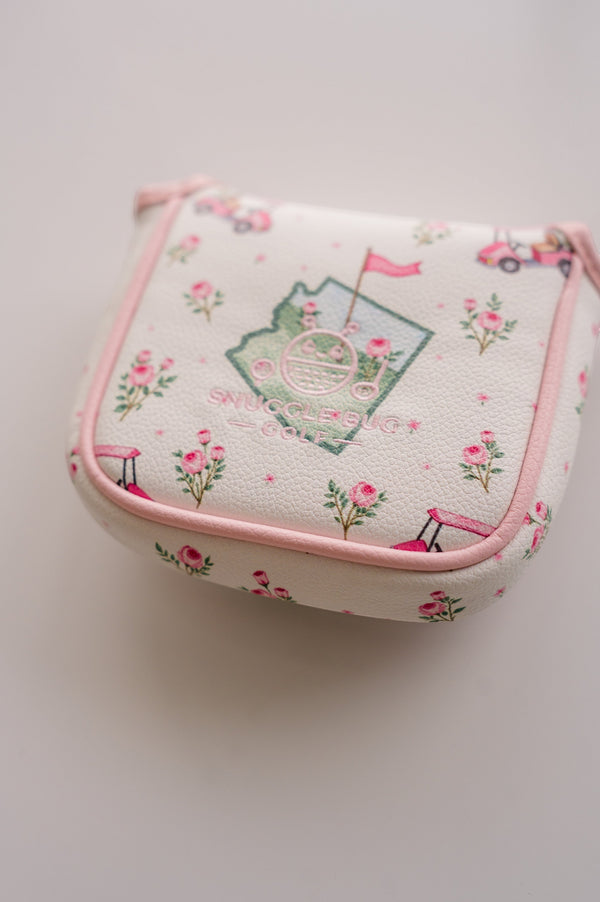 Snuggle Bug Golf Arizona Bloom mallet putter headcover in white eco-leather with pink floral and golf cart print.