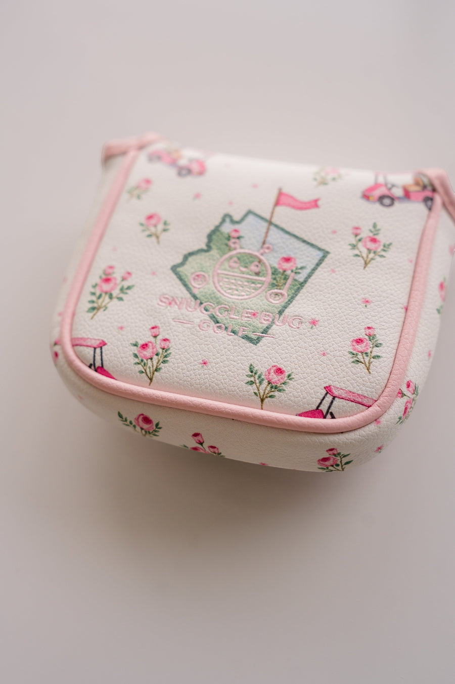Snuggle Bug Golf Arizona Bloom mallet putter headcover in white eco-leather with pink floral and golf cart print.