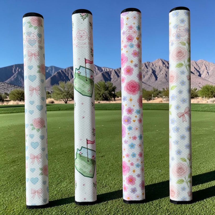 Snuggle Bug Golf Arizona Bloom putter grips featuring floral and western patterns on a golf course background.
