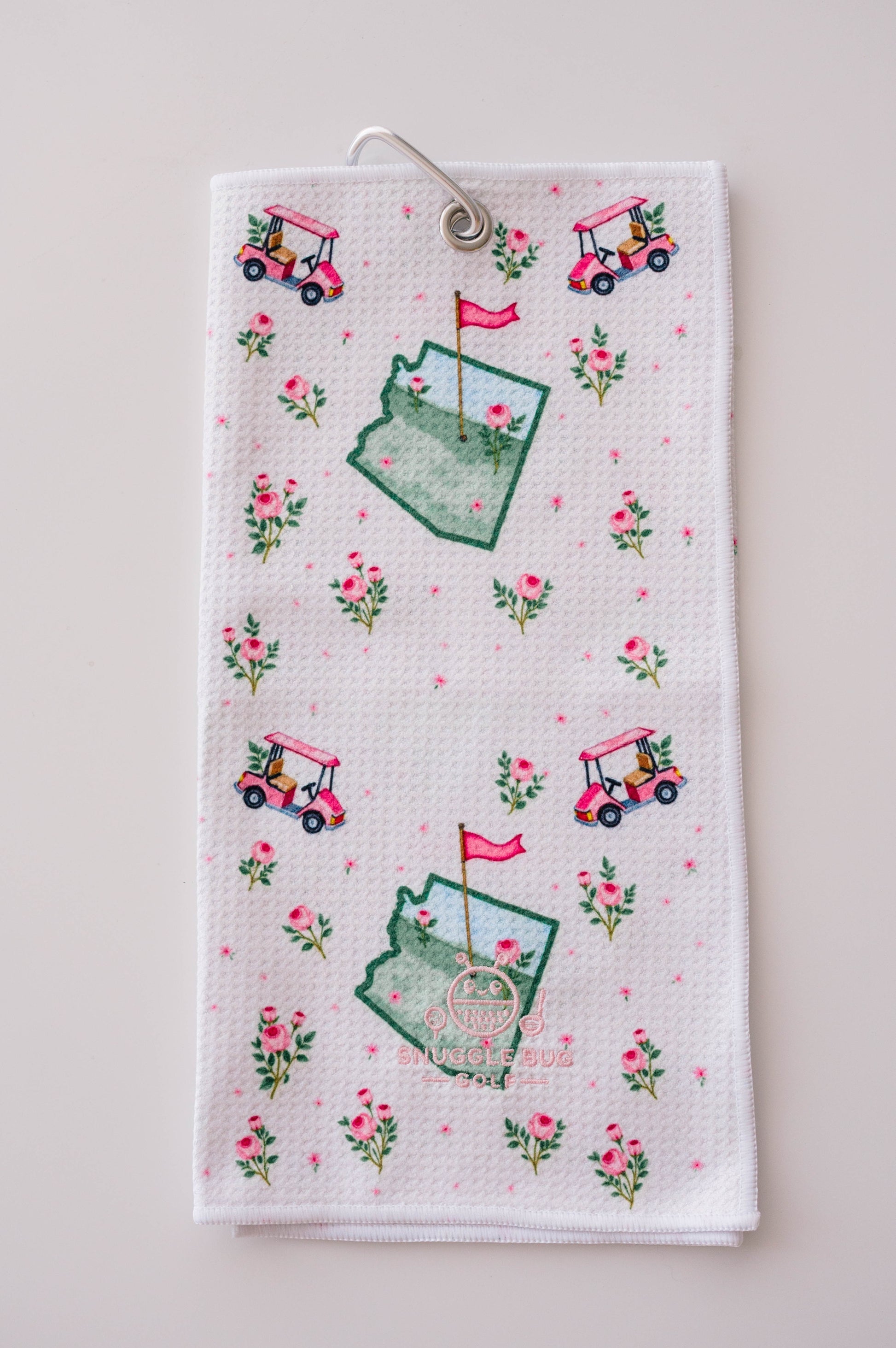 Snuggle Bug Golf Arizona Bloom waffle microfiber golf towel with pink roses, golf carts, and state map print.