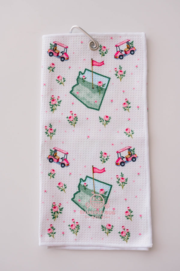 Snuggle Bug Golf Arizona Bloom waffle microfiber golf towel with pink roses, golf carts, and state map print.
