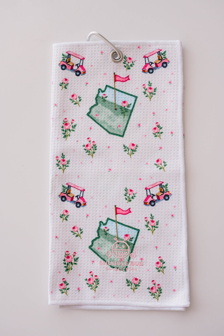 Snuggle Bug Golf Arizona Bloom waffle microfiber golf towel with pink roses, golf carts, and state map print.