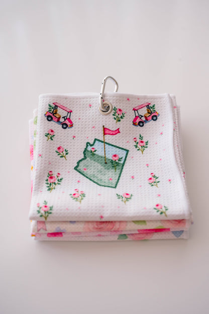 Snuggle Bug Golf Arizona Bloom waffle microfiber towel with pink golf carts, roses, and desert blush pattern.
