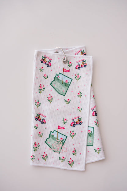 Snuggle Bug Golf Arizona Bloom waffle microfiber towel with pink roses, golf carts, and desert blush pattern.