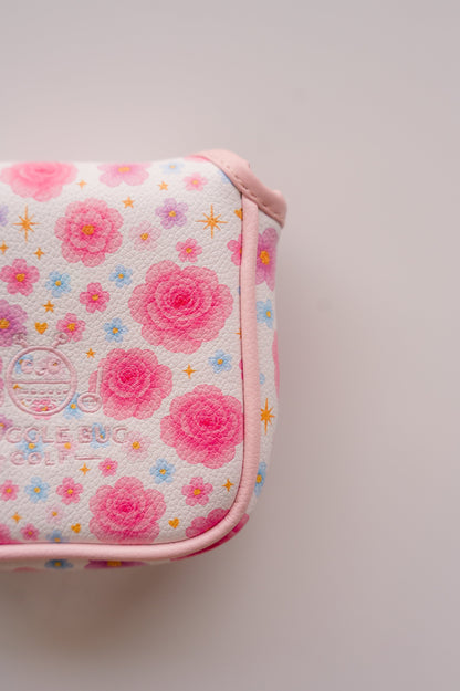 Snuggle Bug Golf mallet putter headcover featuring a white textured eco-leather with pink floral and gold star print.