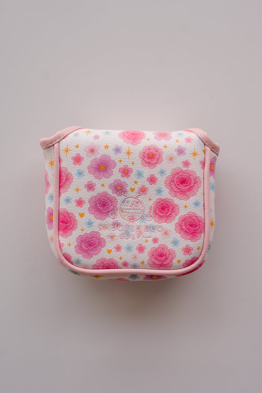 Snuggle Bug Golf mallet putter headcover in white textured eco-leather with pink floral, star, and heart pattern.