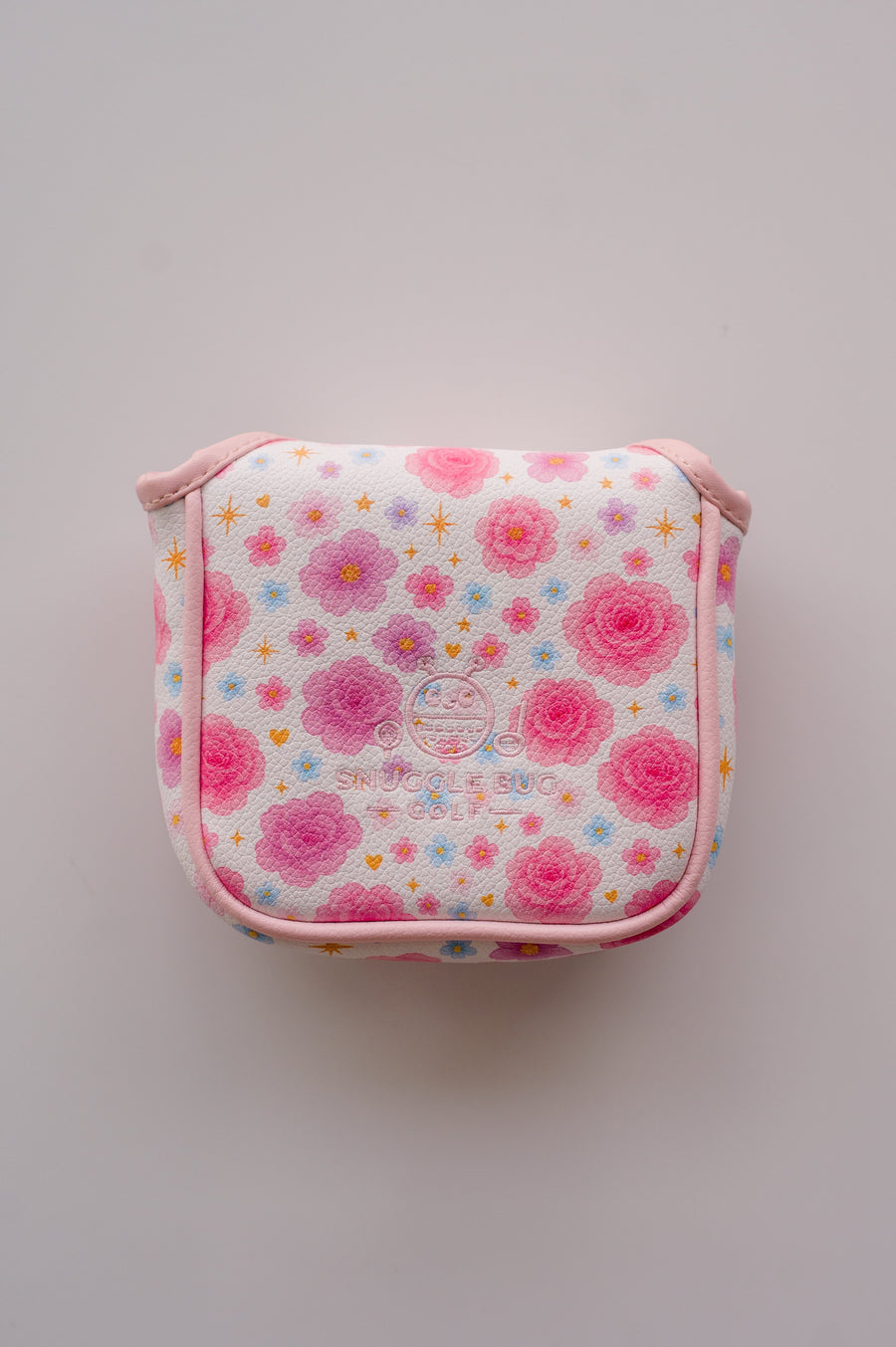 Snuggle Bug Golf mallet putter headcover in white textured eco-leather with pink floral, star, and heart pattern.