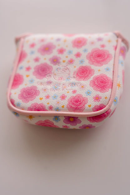 Snuggle Bug Golf Starlight Bloom mallet putter headcover in white textured eco-leather with pink floral star pattern.