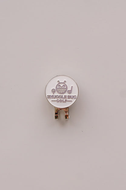 Snuggle Bug Golf hat clip with a white round ball marker featuring a cute bug character and golf club icon