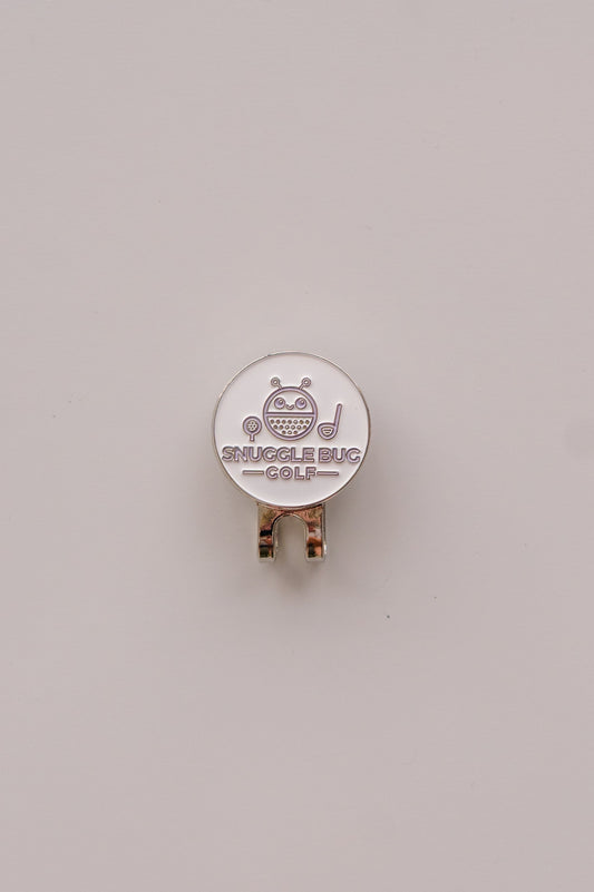Snuggle Bug Golf hat clip with a white round ball marker featuring a cute bug character and golf club icon