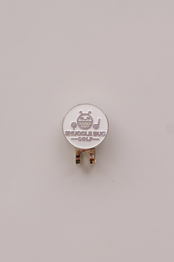 Snuggle Bug Golf hat clip with a white round ball marker featuring a cute bug character and golf club icon