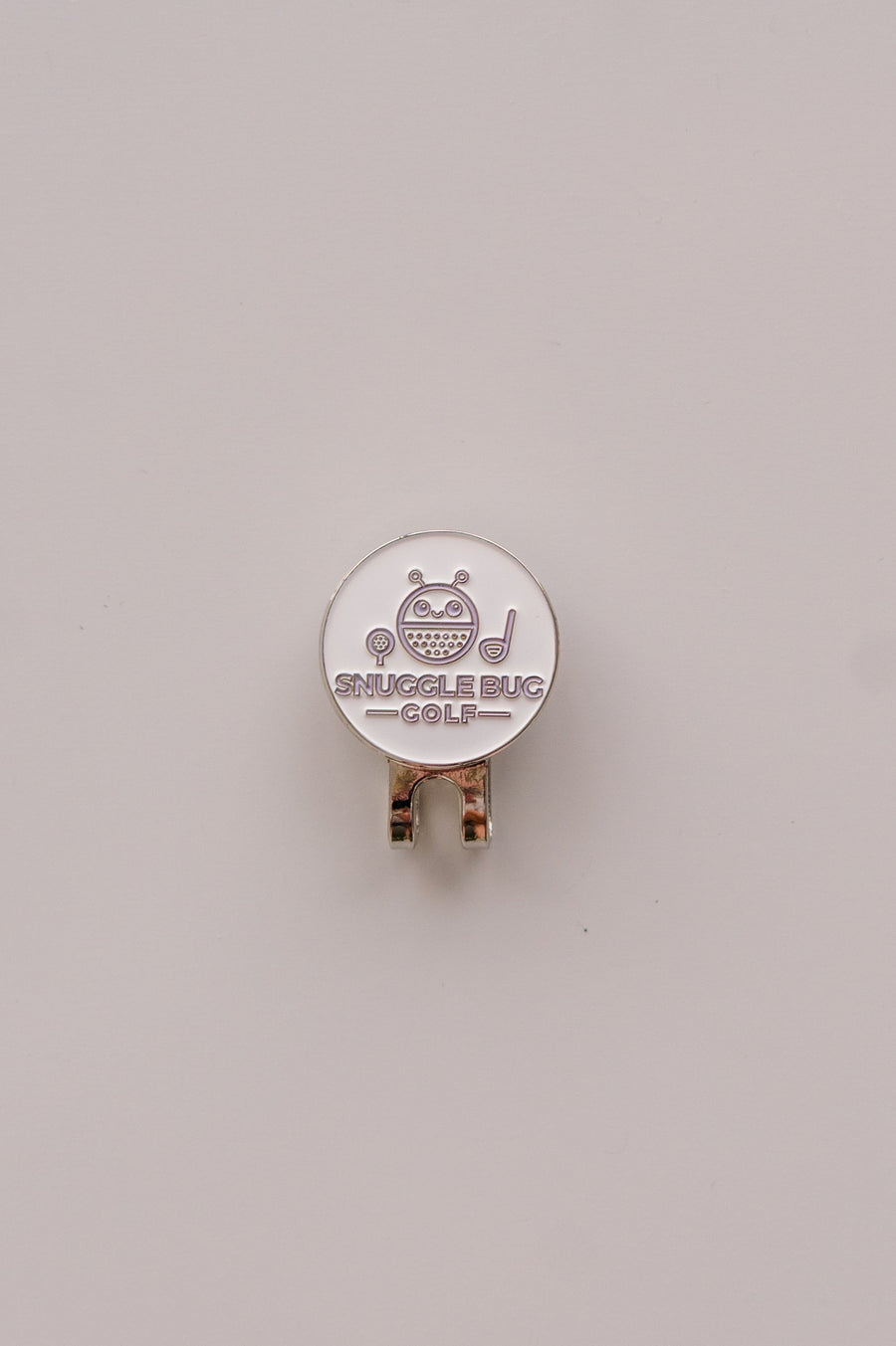 Snuggle Bug Golf hat clip with a white round ball marker featuring a cute bug character and golf club icon