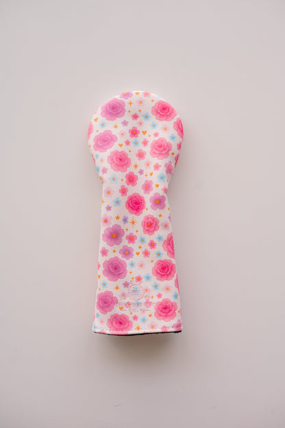 Snuggle Bug Golf Starlight Bloom fairway headcover featuring pink and lavender roses, daisies, and stars on eco-leather.