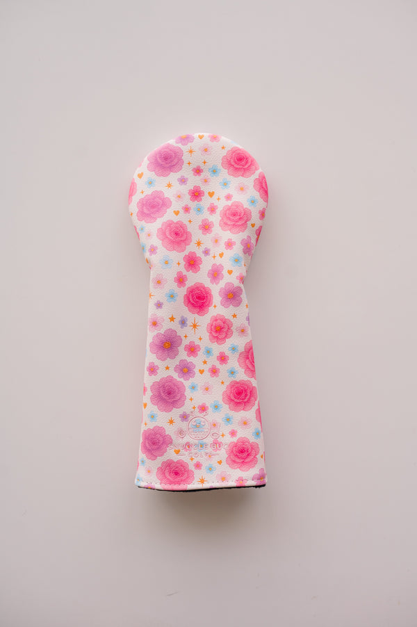Snuggle Bug Golf Starlight Bloom fairway headcover featuring pink and lavender roses, daisies, and stars on eco-leather.