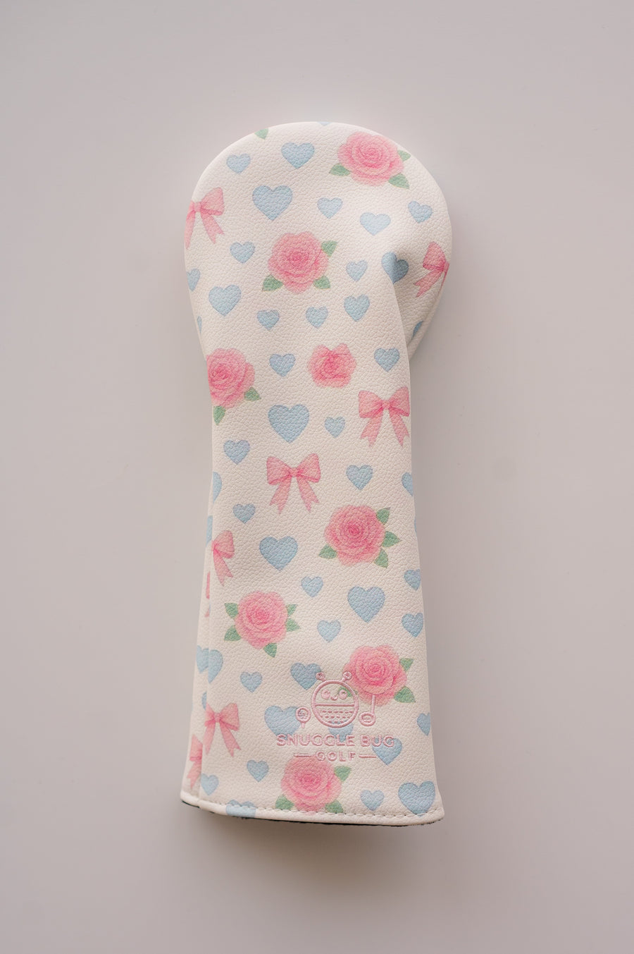 Snuggle Bug Golf fairway headcover in white eco-leather with pink roses, lavender hearts, and blush bow print.