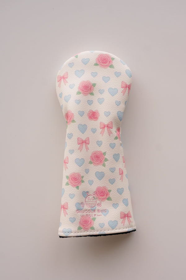 Snuggle Bug Golf hybrid headcover in cream eco-leather with pink roses, blue hearts, and blush bows print.