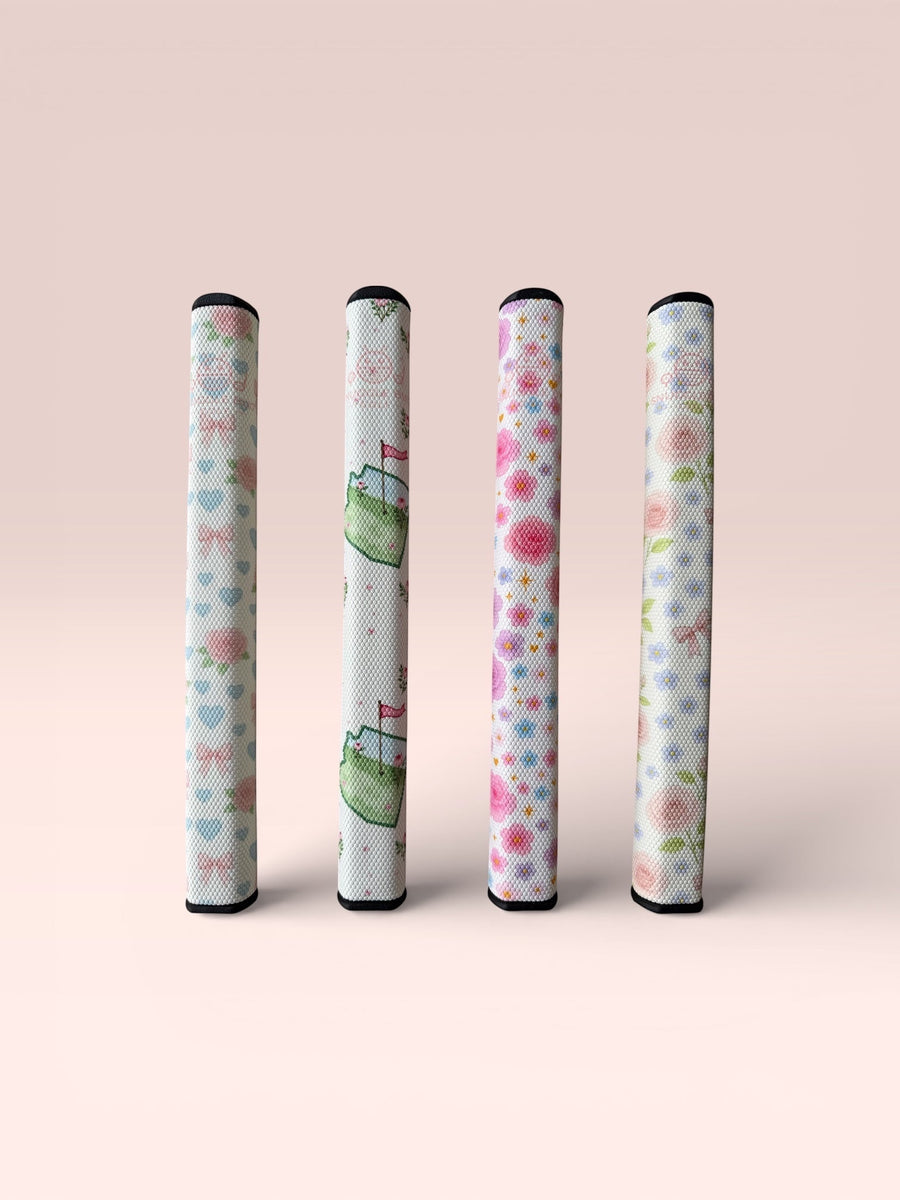 Snuggle Bug Golf Sweetheart Rose putter grip featuring a floral print with pink roses, hearts, and bows on EVA foam.
