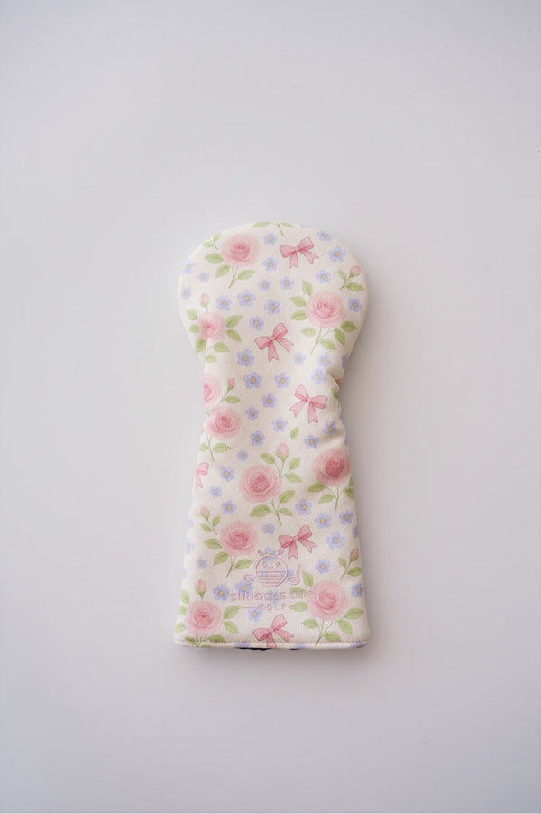 Snuggle Bug Golf Whisper Rose driver head cover in textured eco-leather with pink floral and bow print.