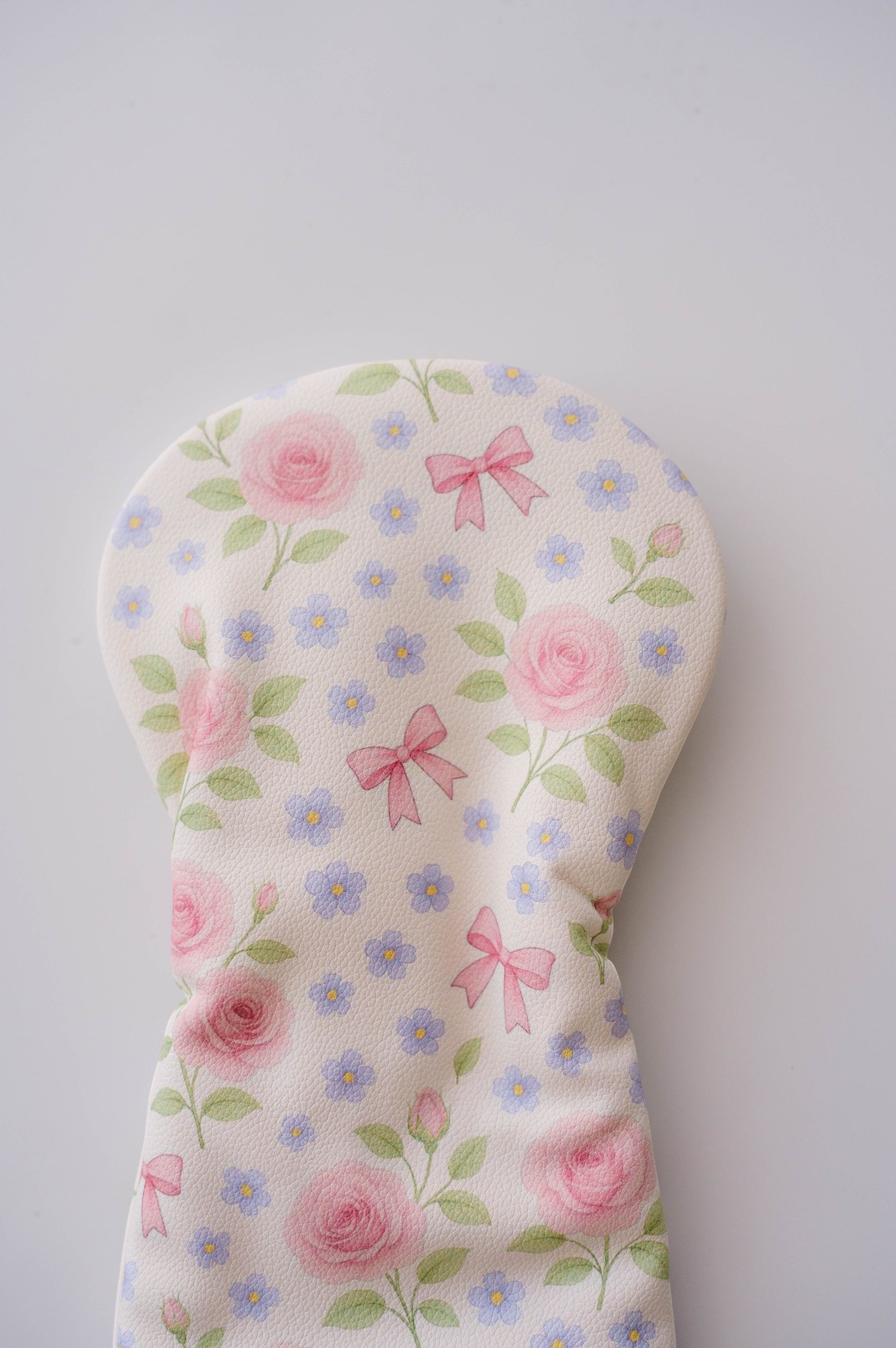 Snuggle Bug Golf Whisper Rose driver head cover in textured eco-leather with pink roses and lavender floral print.
