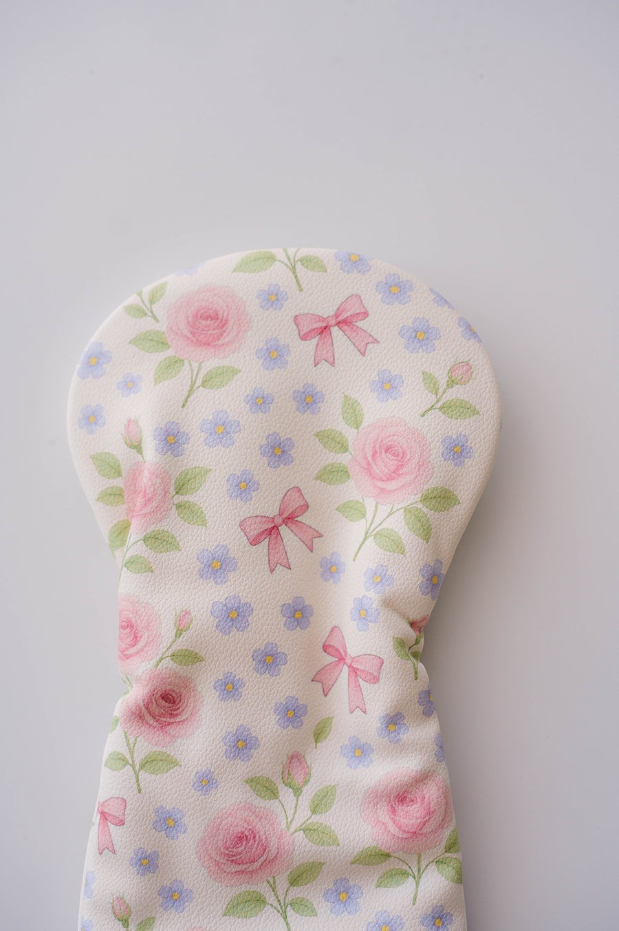 Snuggle Bug Golf Whisper Rose driver head cover in textured eco-leather with pink roses and lavender floral print.